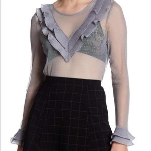 Topshop Sheer Ruffle Trim Long Sleeve Top in Light Lavender